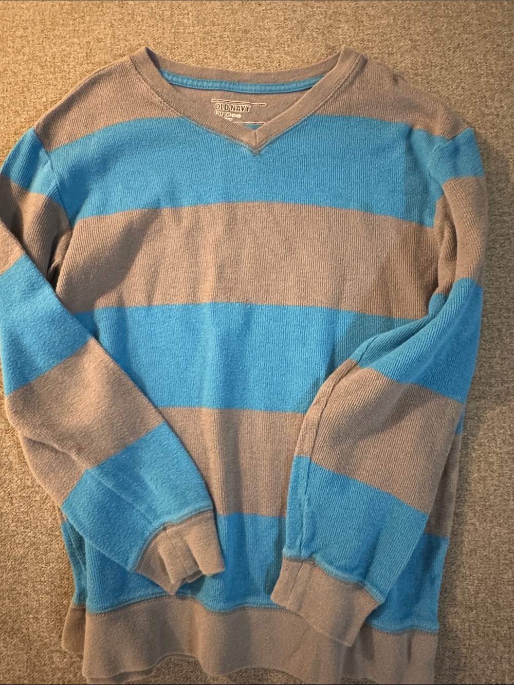 5/$15- Old Navy Sky Blue and Taupe Striped V-Neck Sweater
